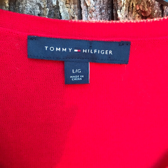 Tommy Hilfiger Red White Metallic Gold Argyle V-Neck Sweater L Large Women’s - Picture 4 of 13